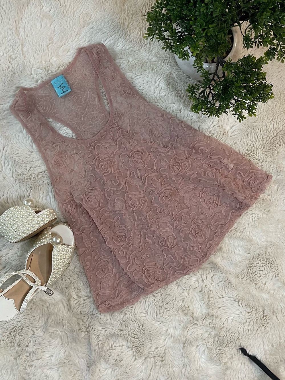 h.i.p. Floral 3D Rosette Mesh Racerback Tank Top Dusty Pink Womens Size M